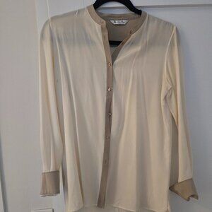 Loro Piana Silk Collarless Cream Shirt with Grey/Taupe Detail (Size IT 38)